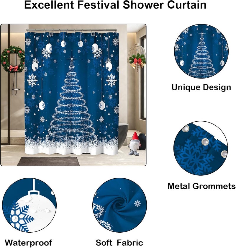 YOSTEV Christmas Shower Curtain, Blue Christmas Snowflakes Shower Curtains for Bathroom Decor, Winter Holiday Shower Curtain, Xmas Funny Glitter Sparkle Tree Fabric Cloth Bath Curtain, 72x72 Inch - Image 3